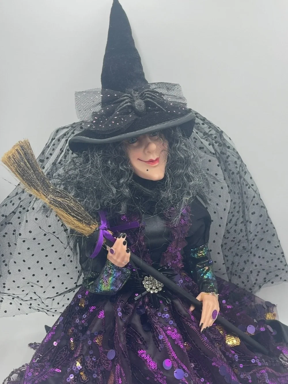 31” Halloween Gothic Wicked Witch Shelf Sitter Doll Purple Sequins w/Broom Stick